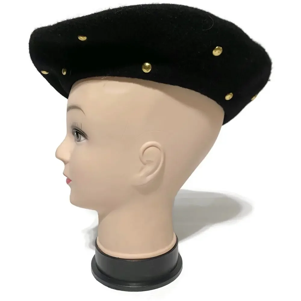 French Basque Beret Black Wool Felt Gold Accents Womens Hat Vintage